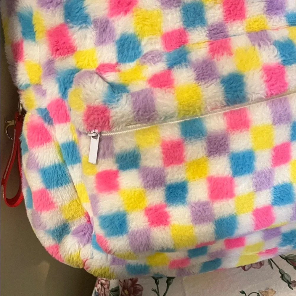 Claire's Fuzzy Multicolor Checkered Backpack - Picture 3 of 6